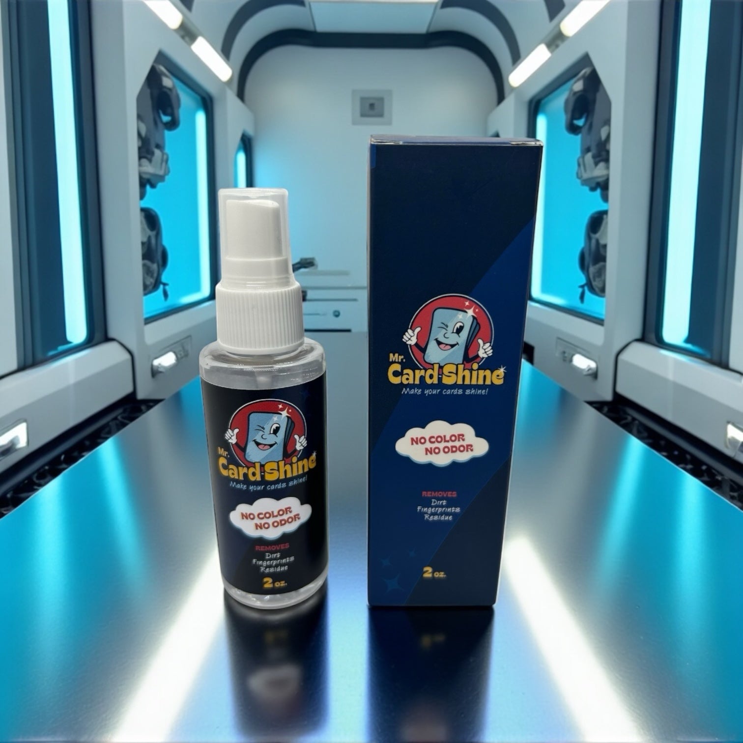 Mr. Card Shind spray bottle and packaging in a futuristic setting