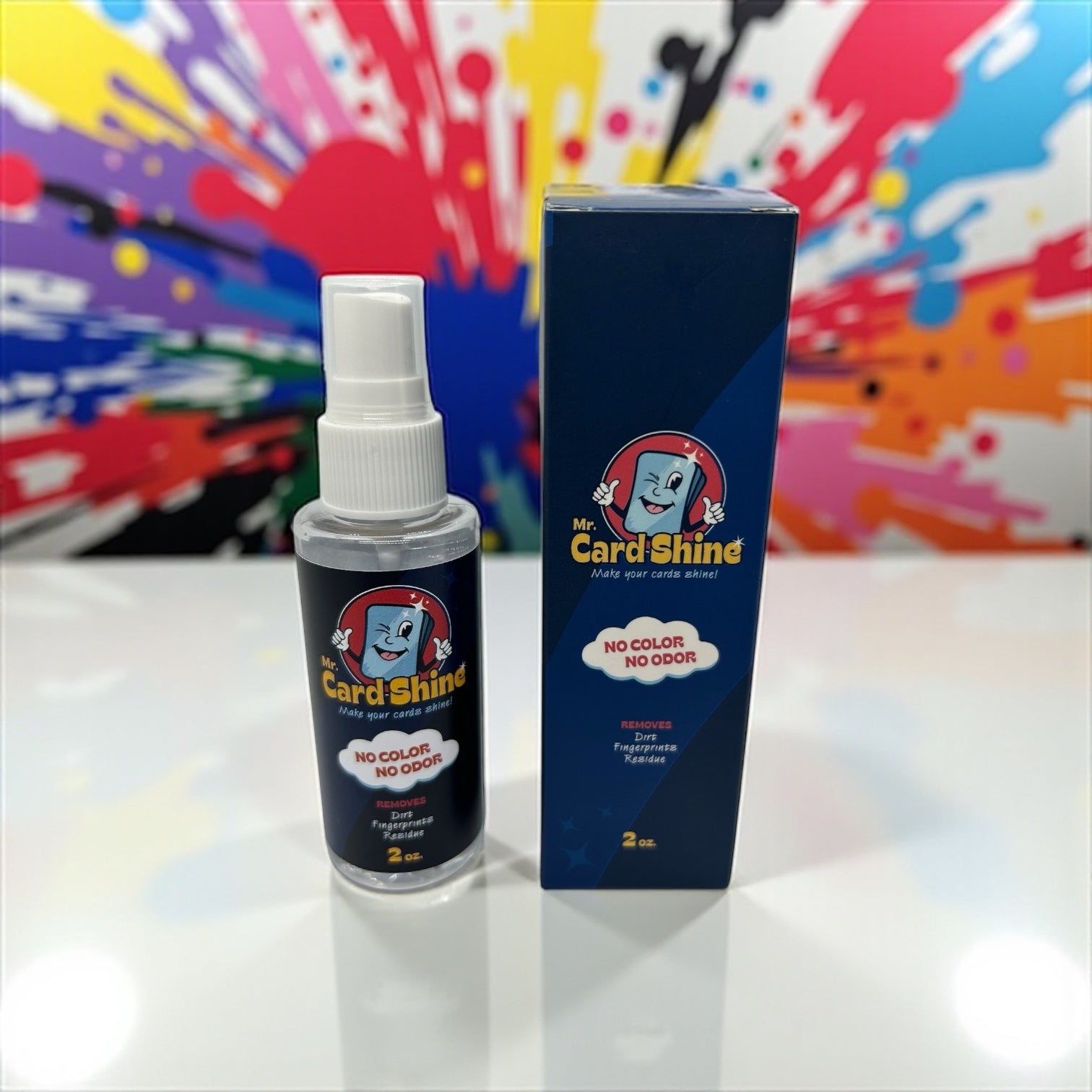 Bottle and box of 'Mr. Card Shine' with colorful abstract background