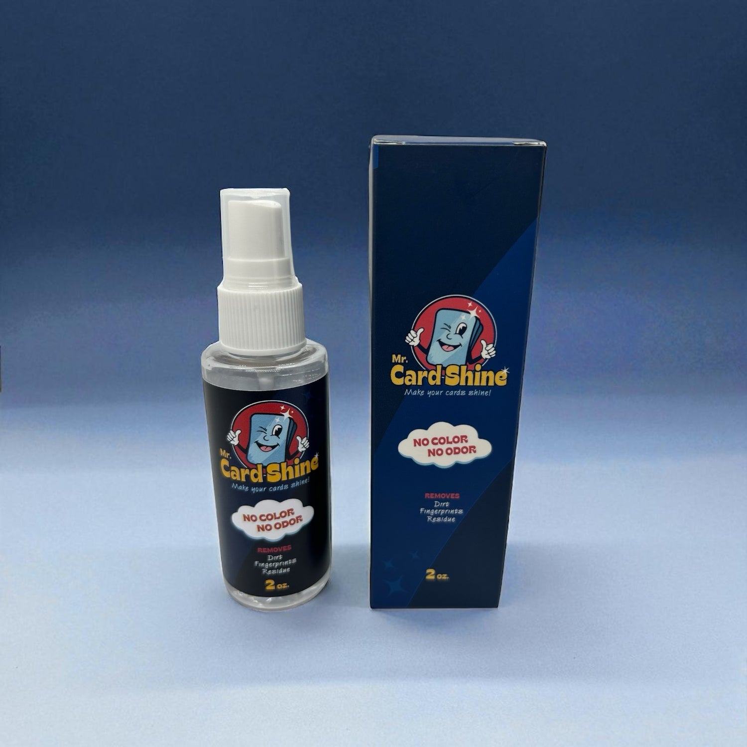 Bottle and packaging of Mr. Card Shine on a blue background