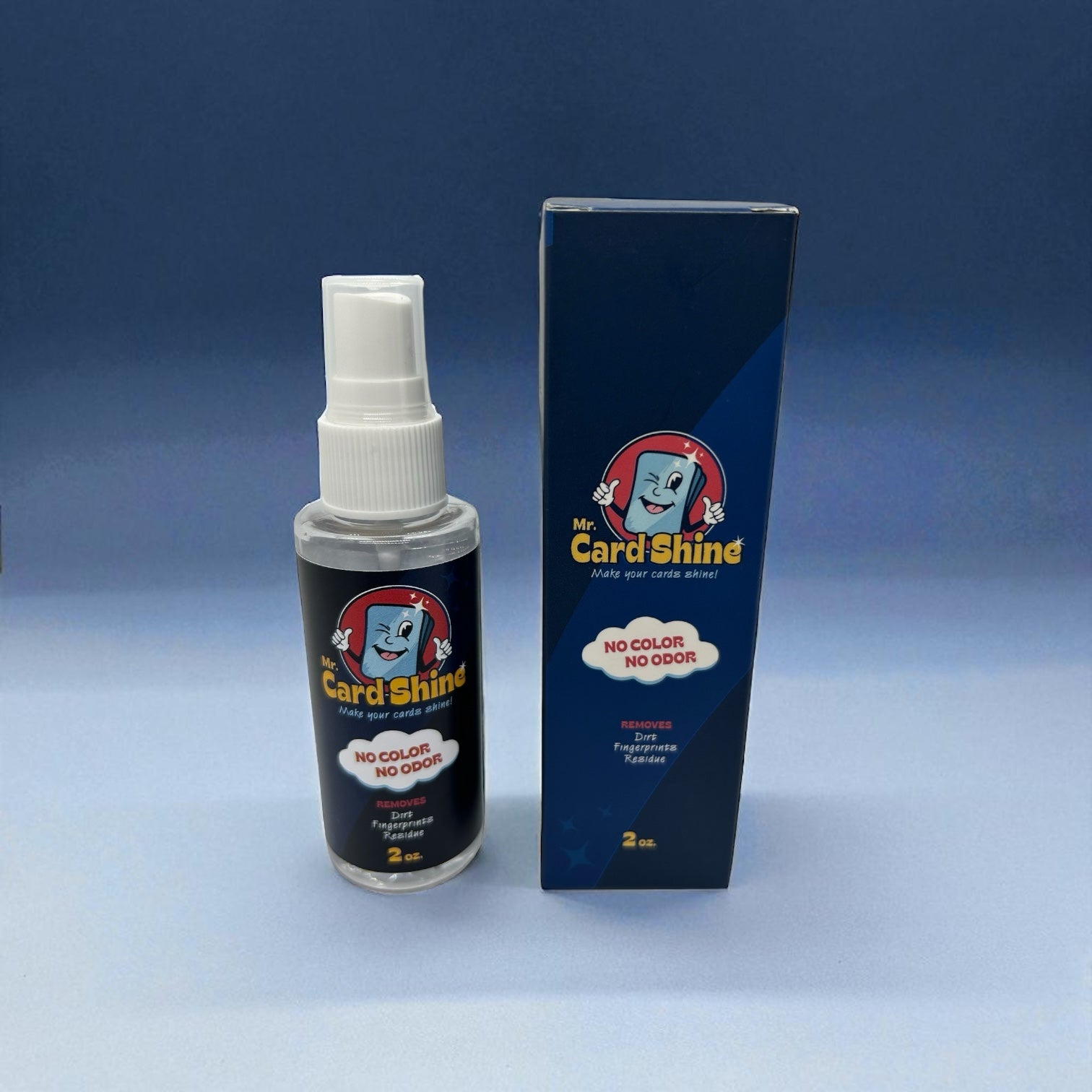 Bottle and packaging of Mr. Card Shine on a blue background