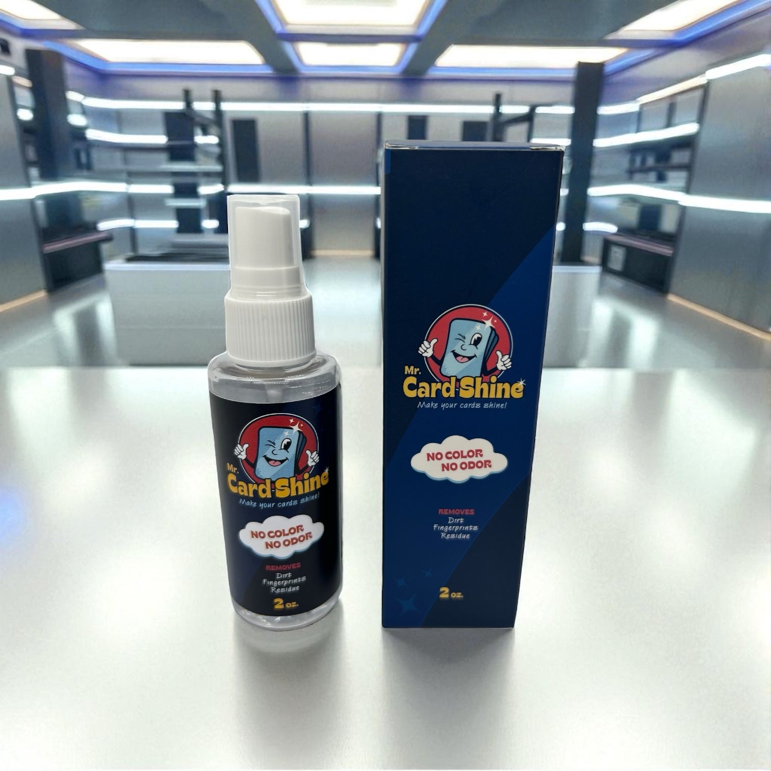 Mr. Card Shine spray bottle and packaging on a reflective surface with a blurred indoor background
