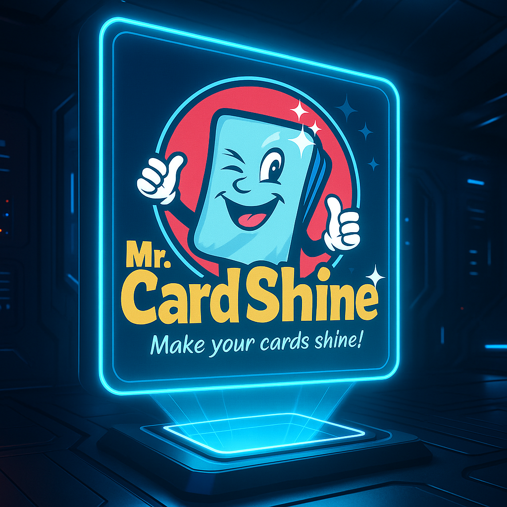 Neon sign of Mr. Card Shine with a cartoon card character giving a thumbs up on a dark background.