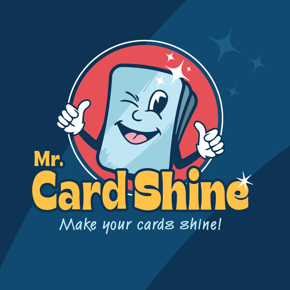 Logo of Mr. Card Shine with a cartoon card character giving a thumbs up on a blue background.