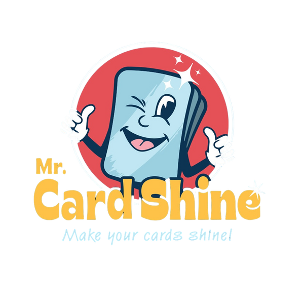 Logo of Mr. Card Shine with a cartoon card character giving a thumbs up on a white background.